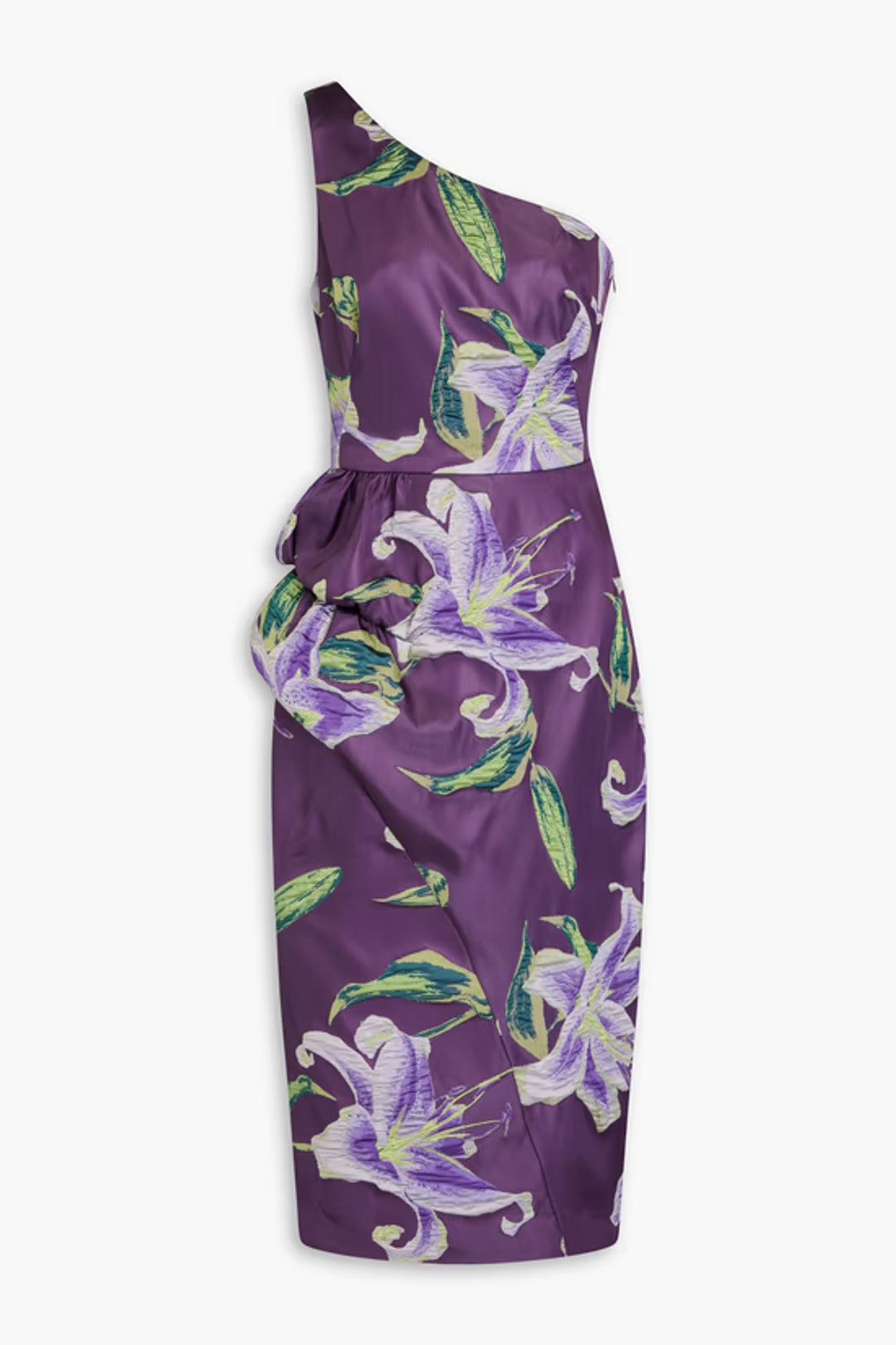 One-shoulder floral-appliquéd crepe gown