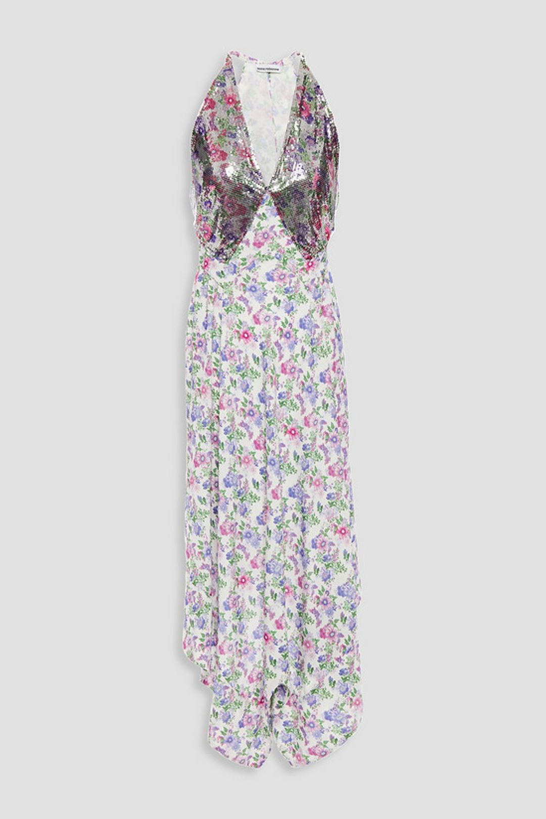 Draped floral-print chainmail and crepe de chine dress