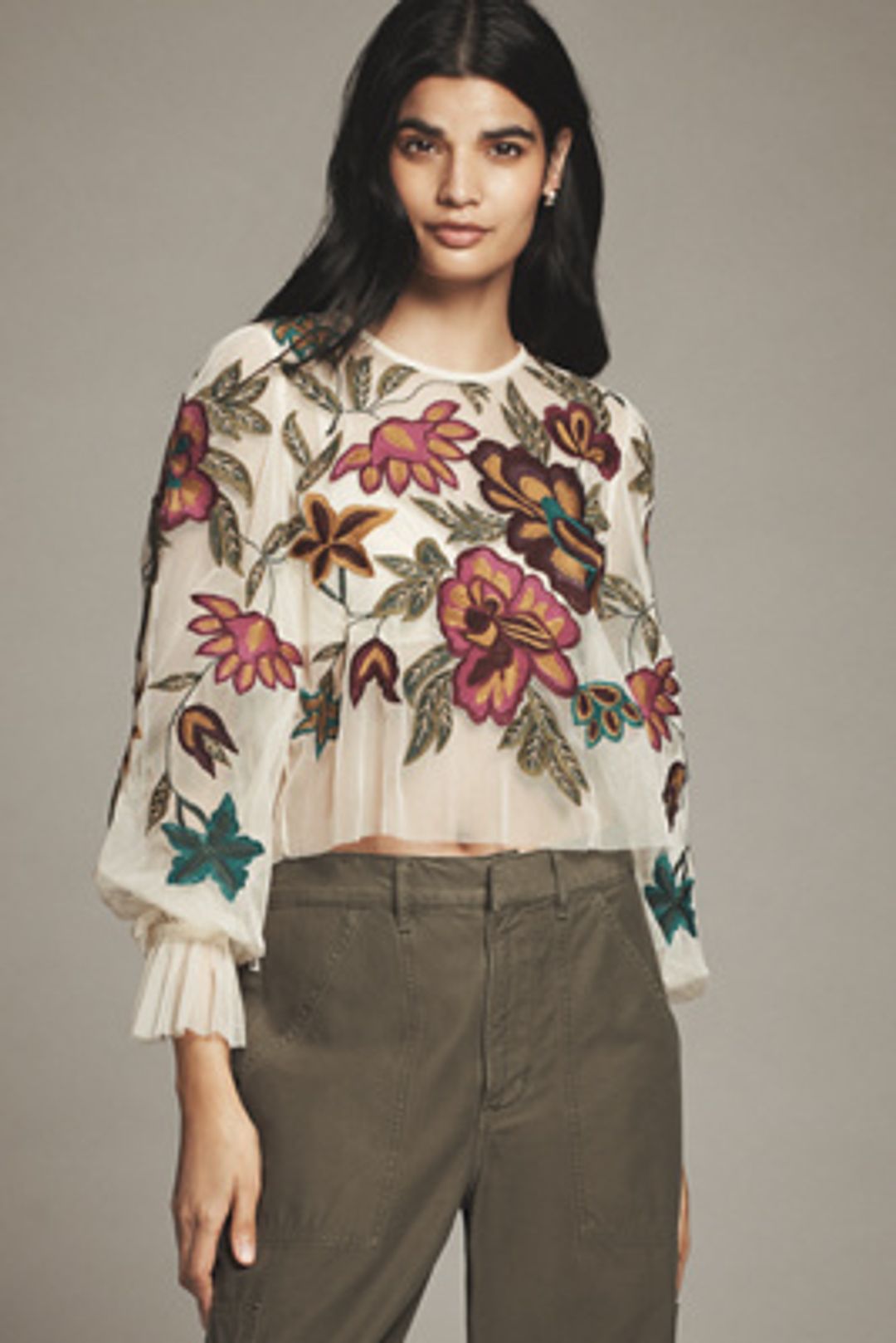The Layla Long-Sleeve Appliqué Mesh Blouse
