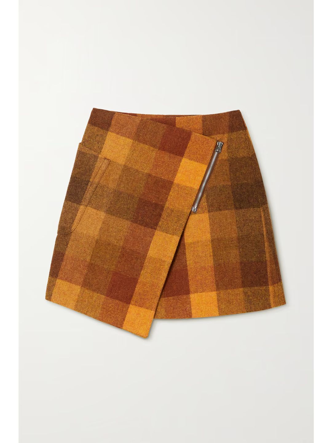 Asymmetric checked wool mini wrap skirt