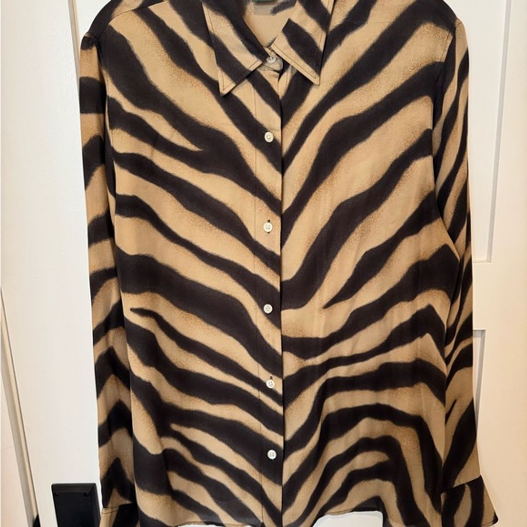 Ralph Lauren Beige and Black Zebra Print Button-Down Silk Blouse!