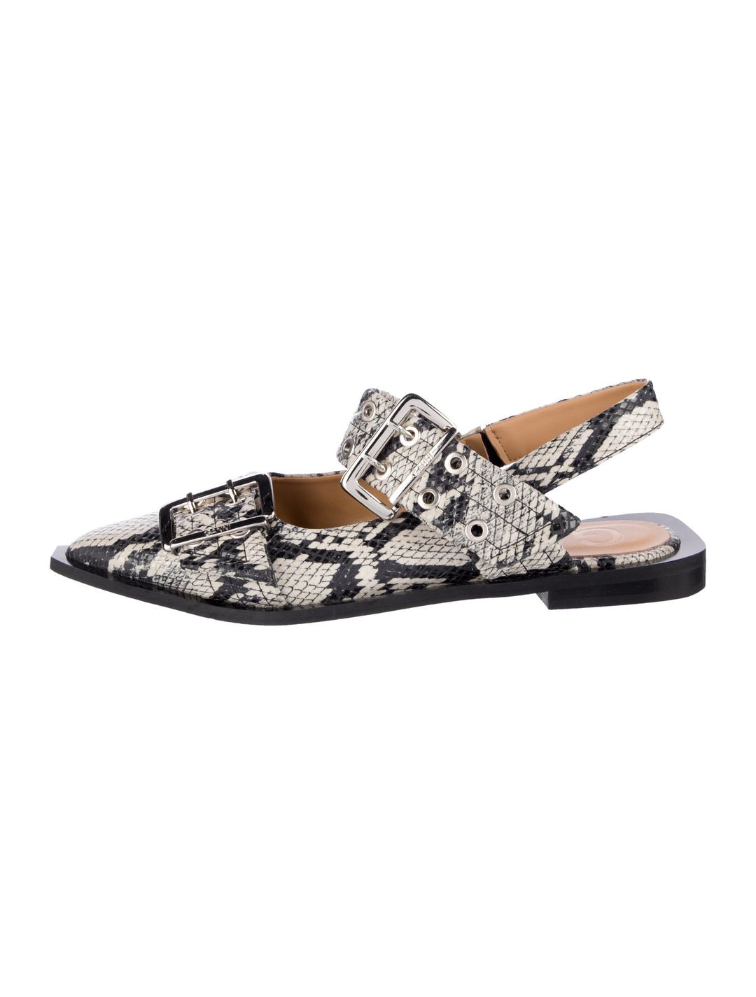 Ganni Leather Animal Print Slingback Flats