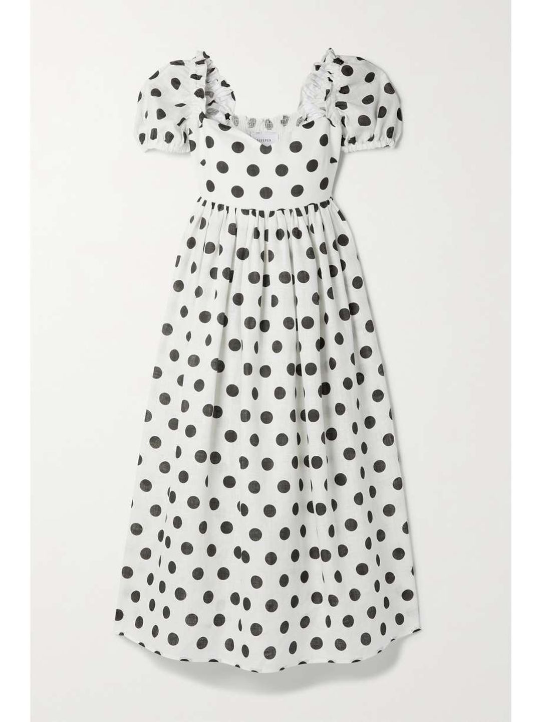 Picnic shirred polka-dot linen midi dress