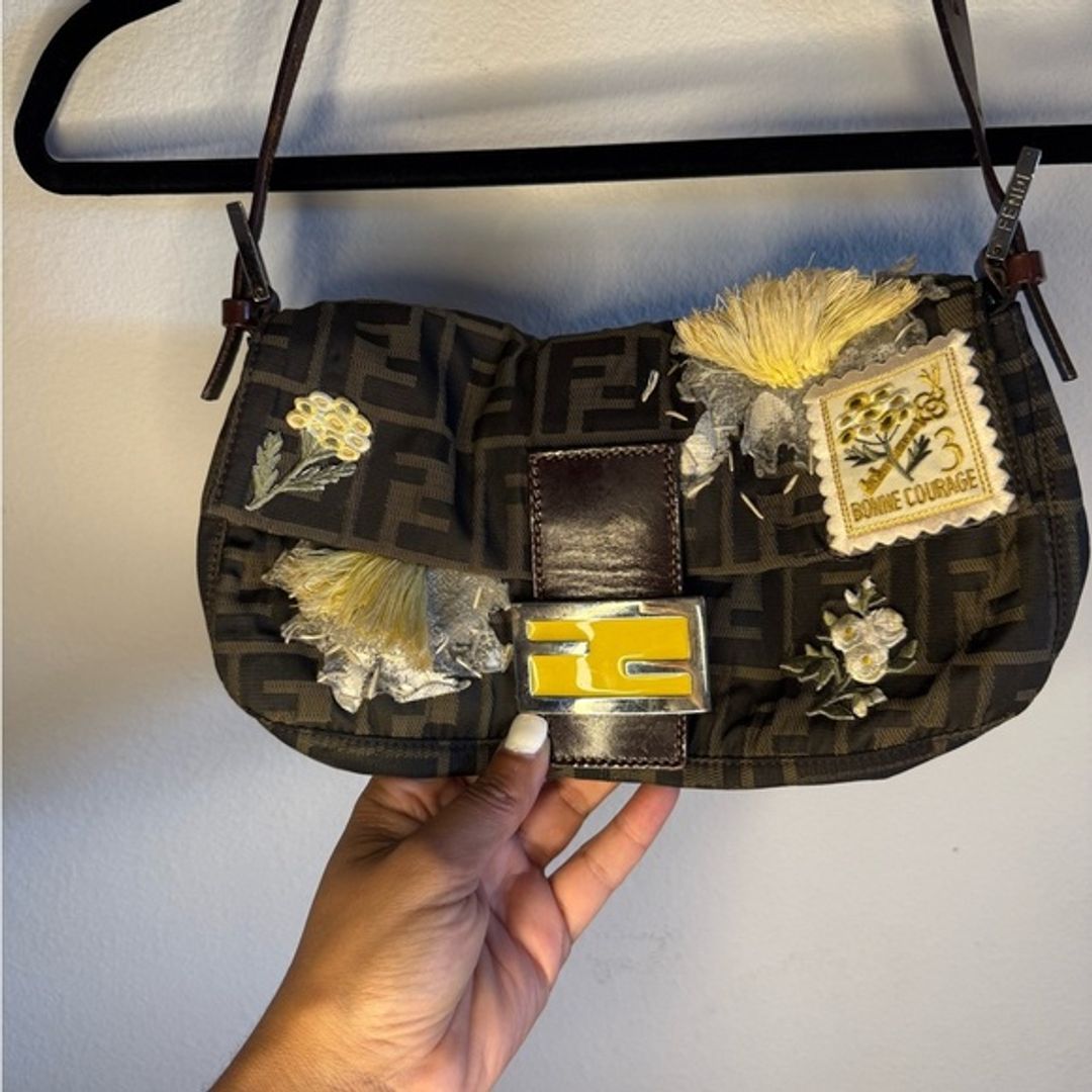 Fendi Black and Yellow Embroidered Baguette Bag