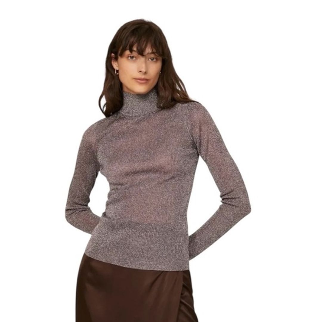 Metallic Knit Turtleneck Top Long Sleeves