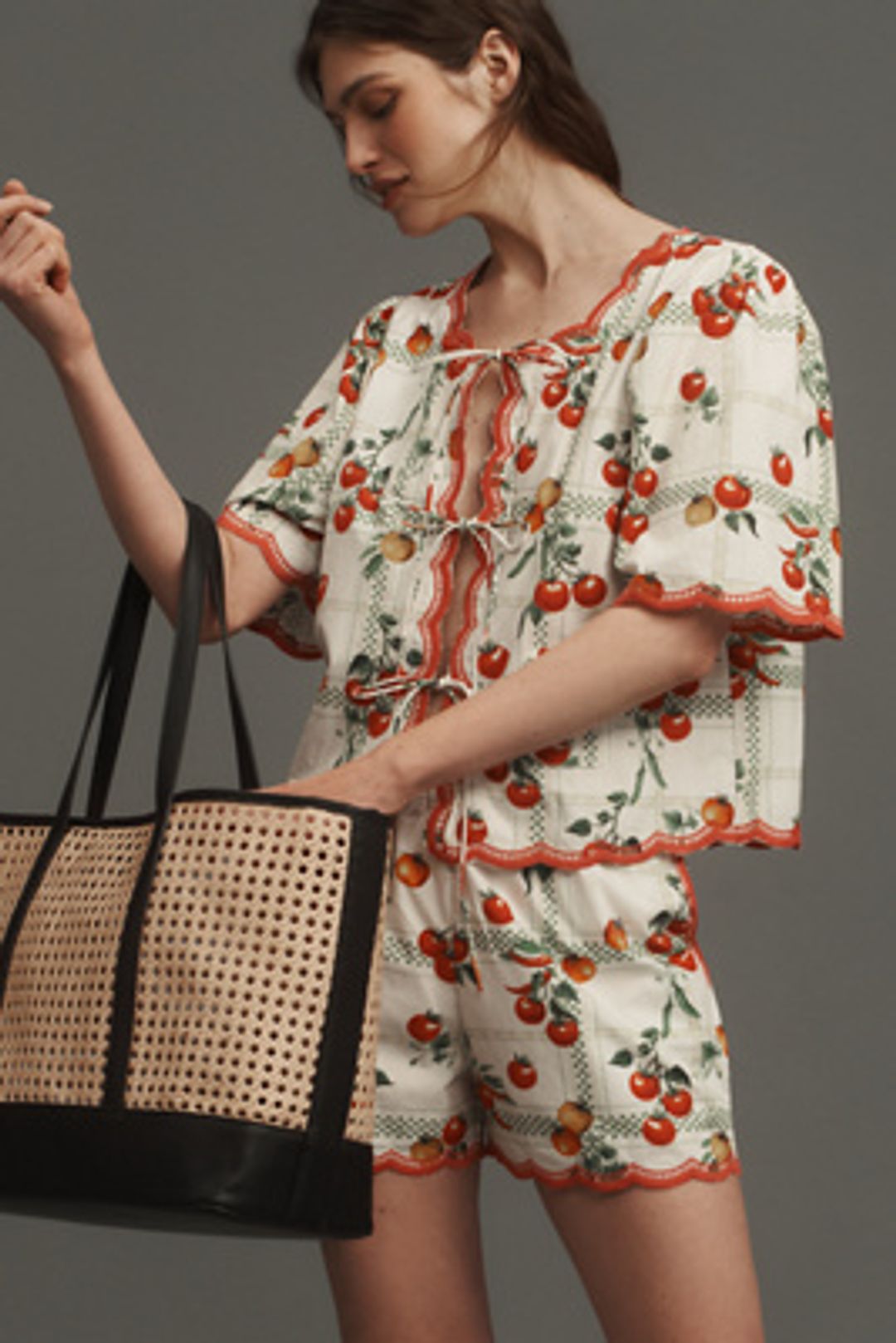 Veggie Bloom Short-Sleeve Tie-Front Blouse