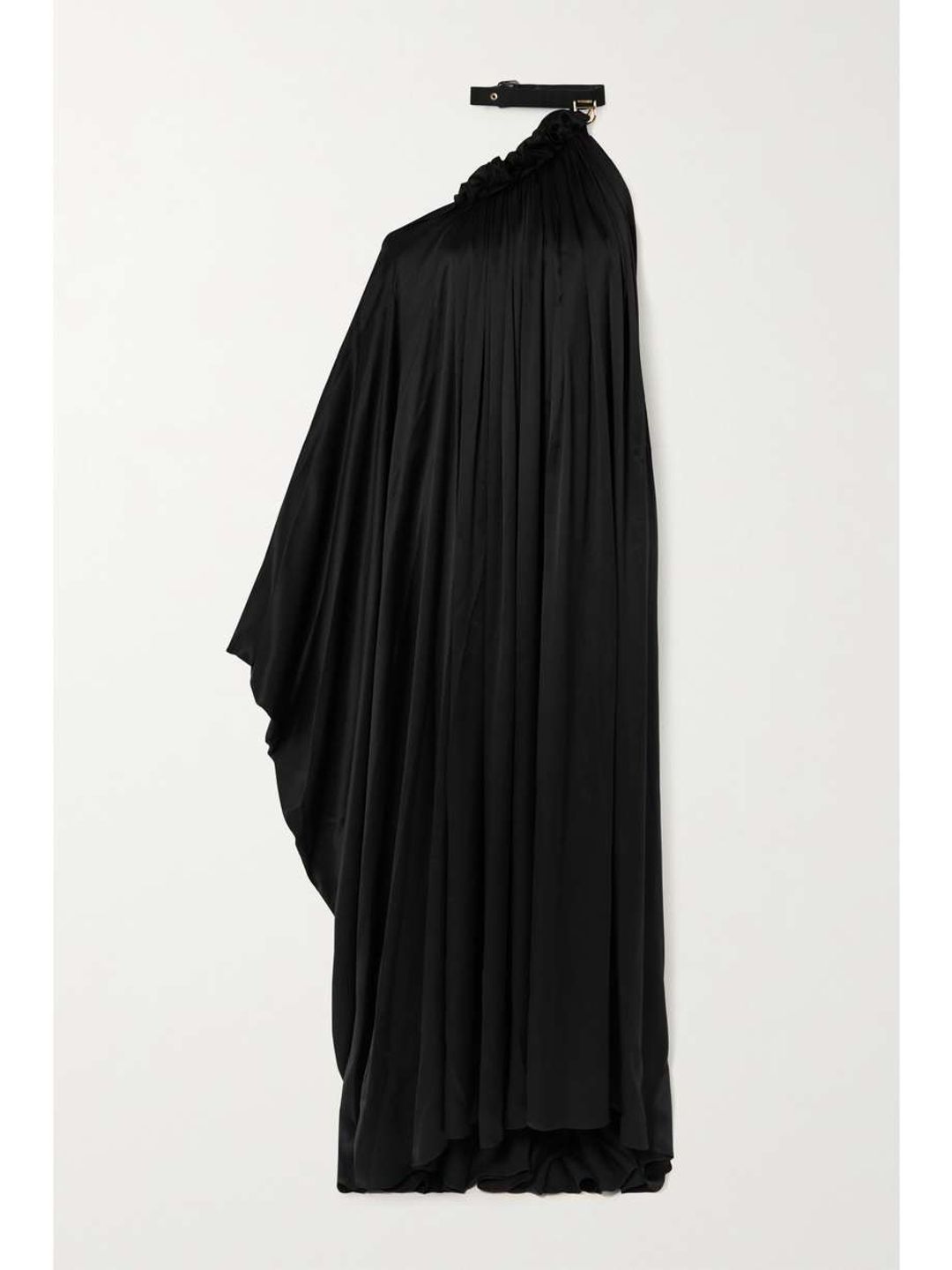 Venus one-shoulder faux leather-trimmed ruffled mulberry silk-satin maxi dress