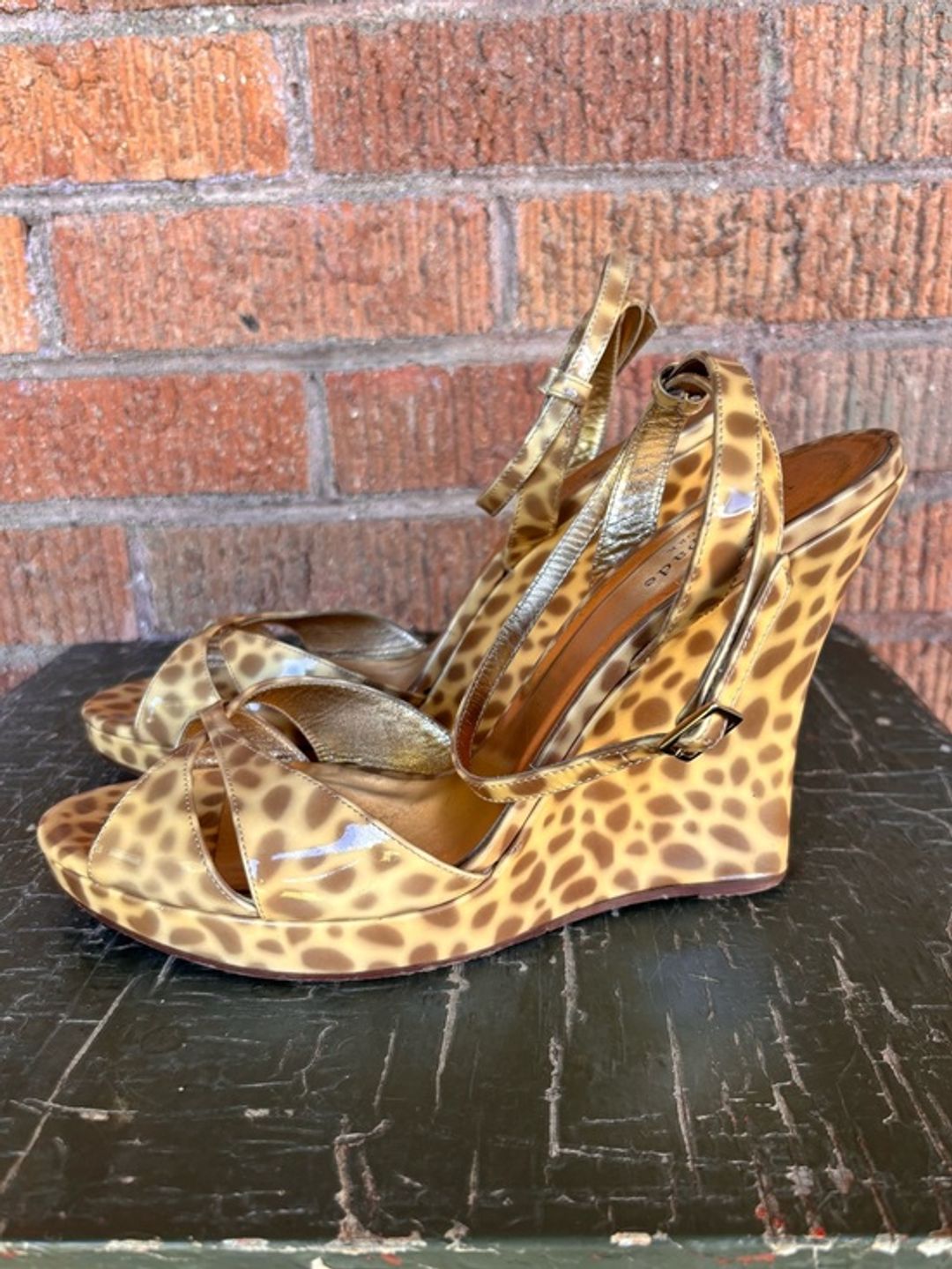 Cindy Wedge Patent Leather Animal Print Sandals Strappy