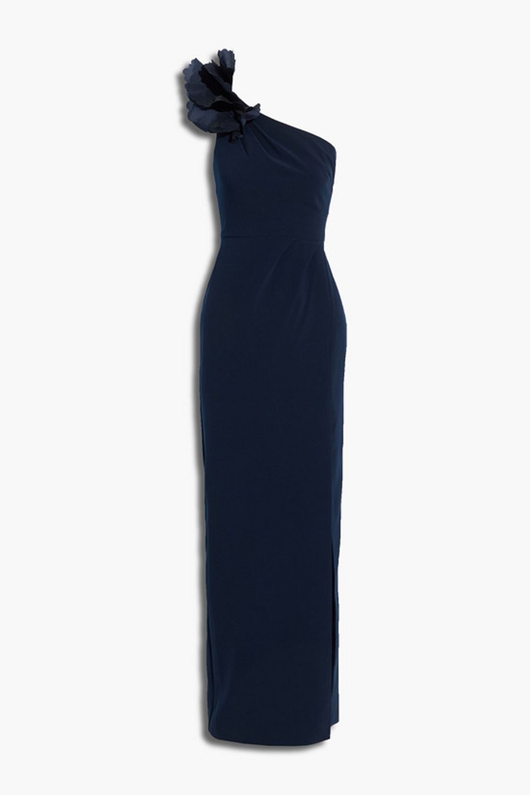 One-shoulder floral-appliquéd crepe gown