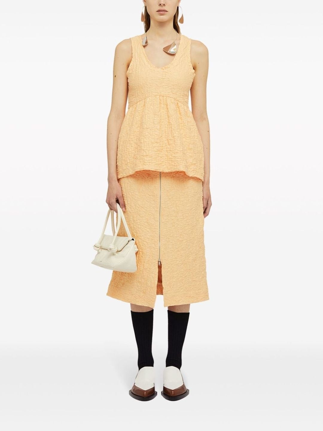 textured-finish zip-up midi skirt