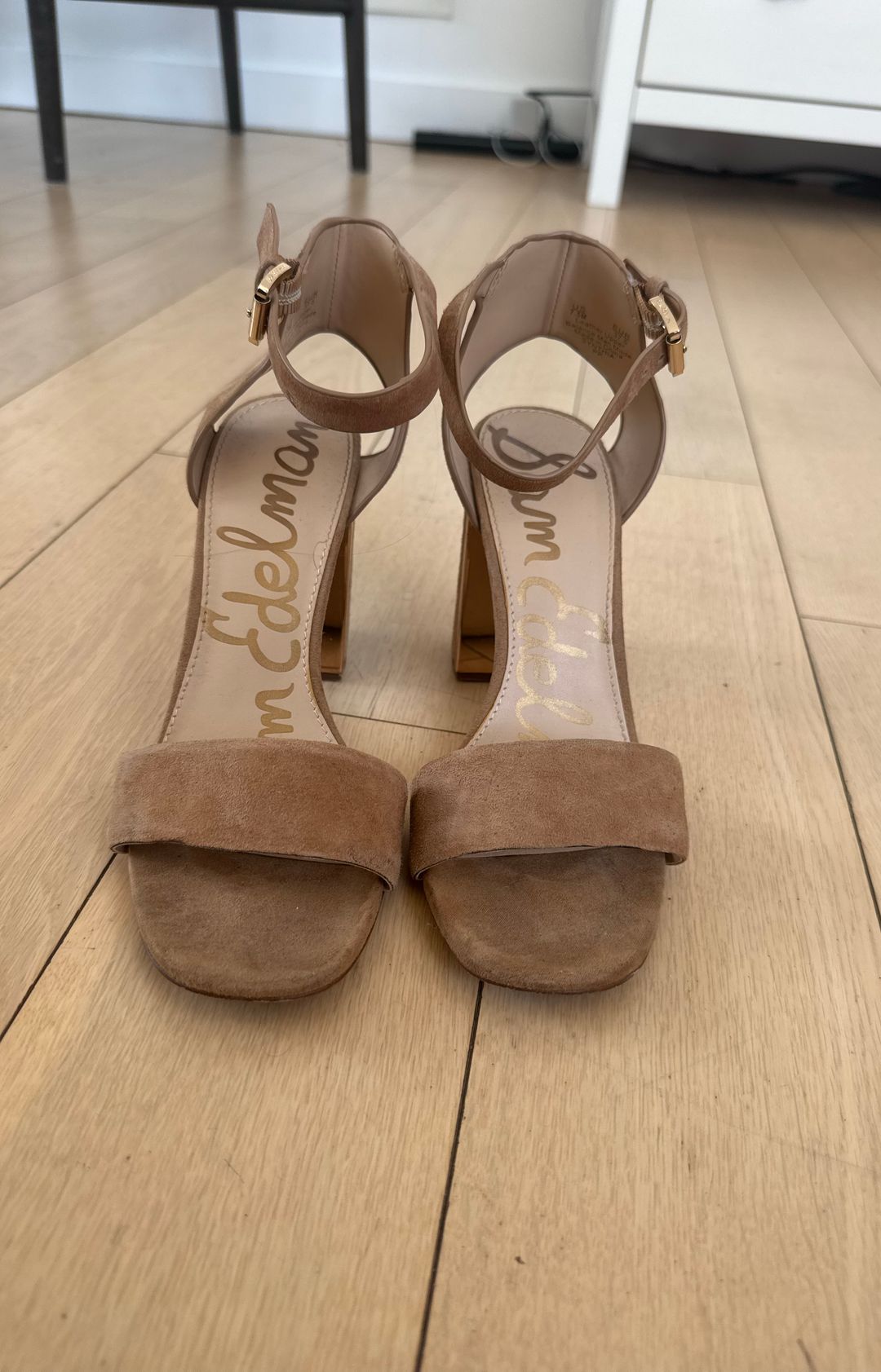 Sam Edelman Synthia Golden Caramel Suede Block Heel Ankle Strap Heels Pumps