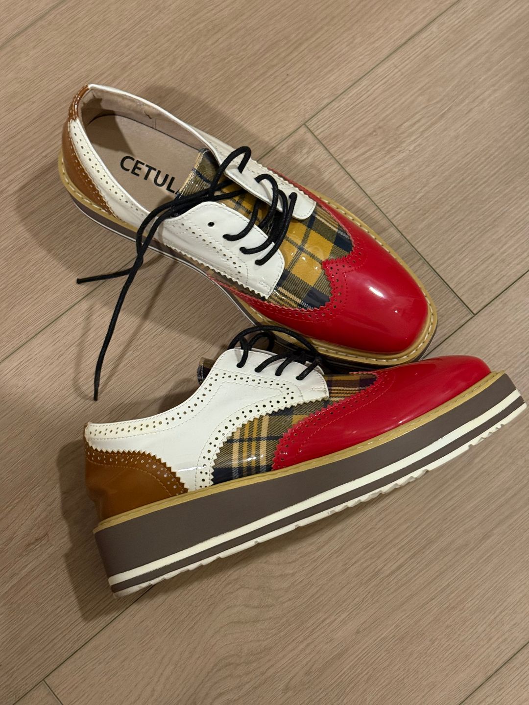 Cetula Handcrafted Lace-up Houndstooth Vamp Brogue Four Seasons Women Oxford Shoes