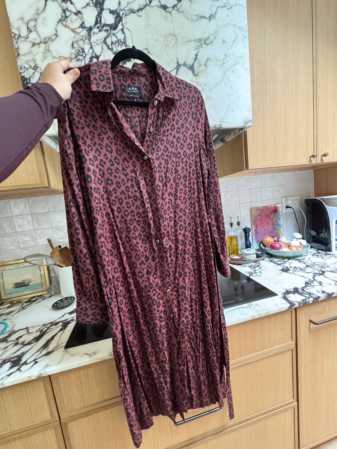 Maroon burgundy leopard shirt dress 36 