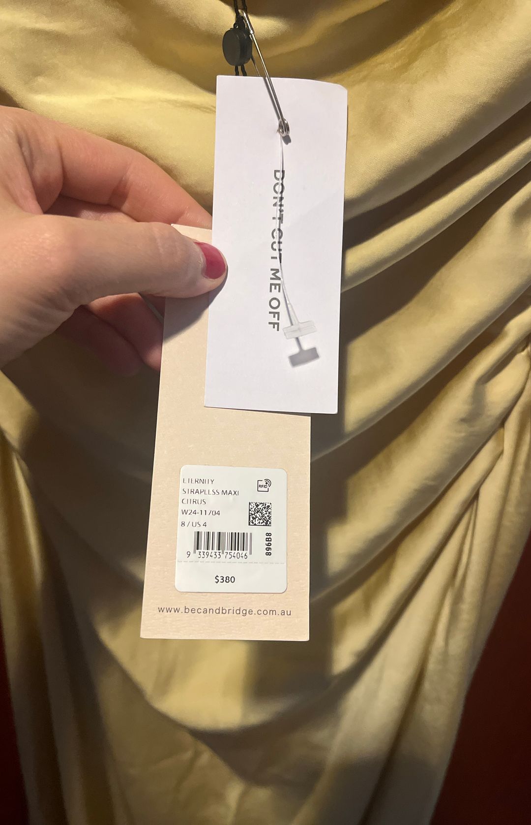 NWT Bec + Bridge NWT, strapless maxi silk dress, citrus color 