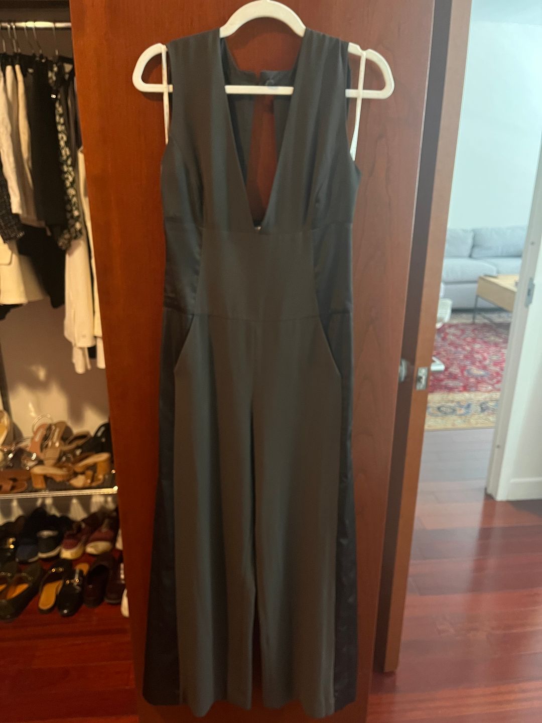 Halston Grey/green jumpsuit, nice V neckline