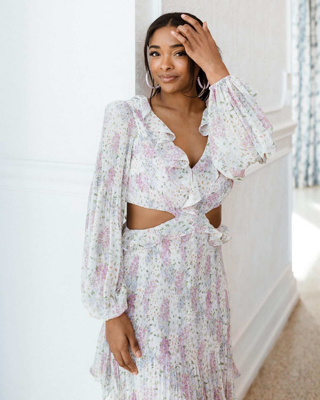 MARCY FLORAL PLEATED CUTOUT MINI DRESS