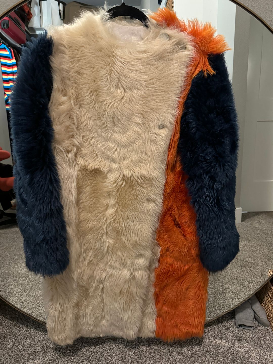 Color-block shearling coat