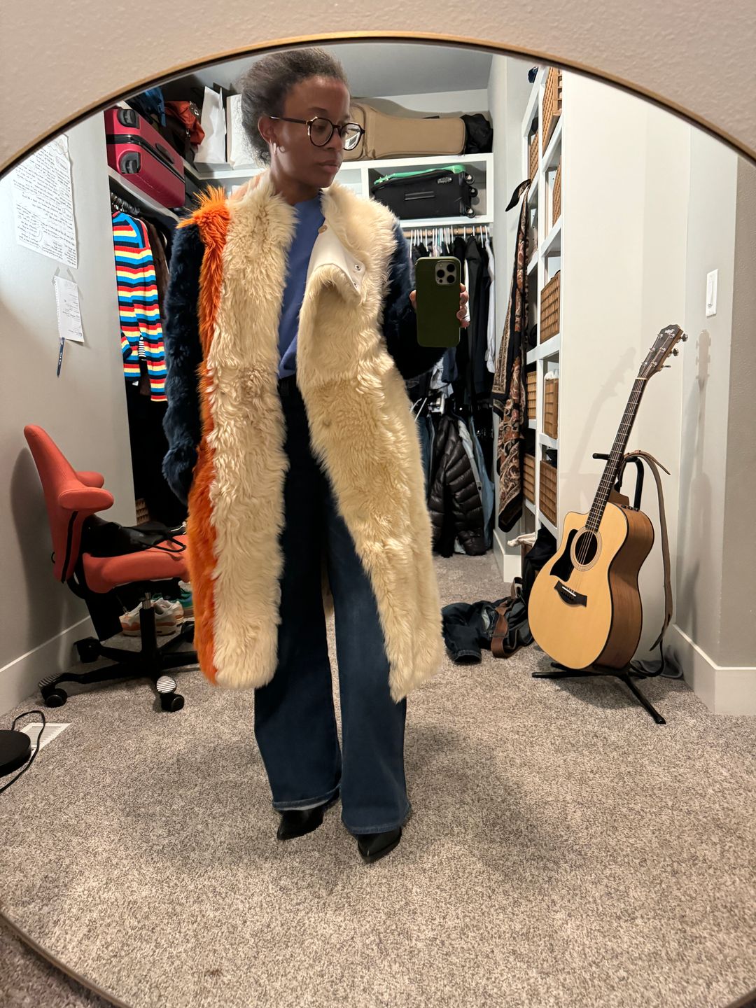 Color-block shearling coat