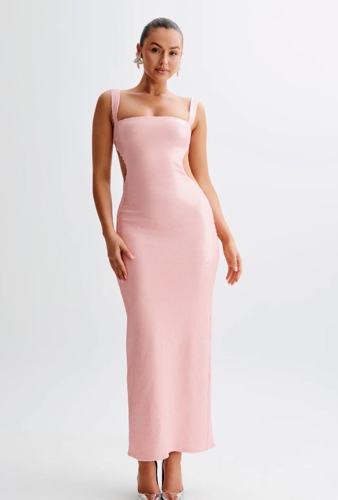 Adoria Sequin Cut Out Maxi Dress - Silver