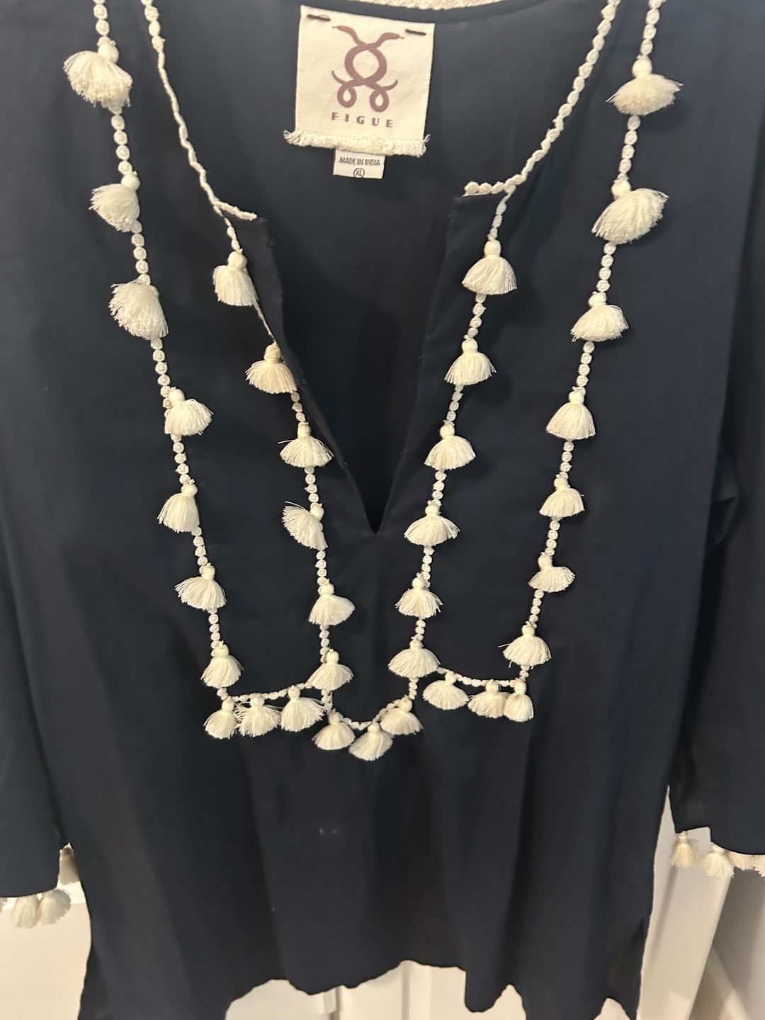 Figue navy tunic with fringe/ pompom around neck and sleeves