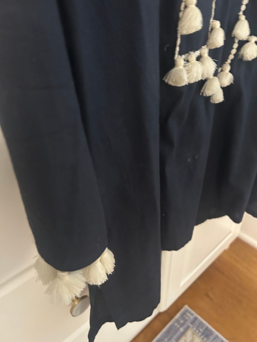 Figue navy tunic with fringe/ pompom around neck and sleeves