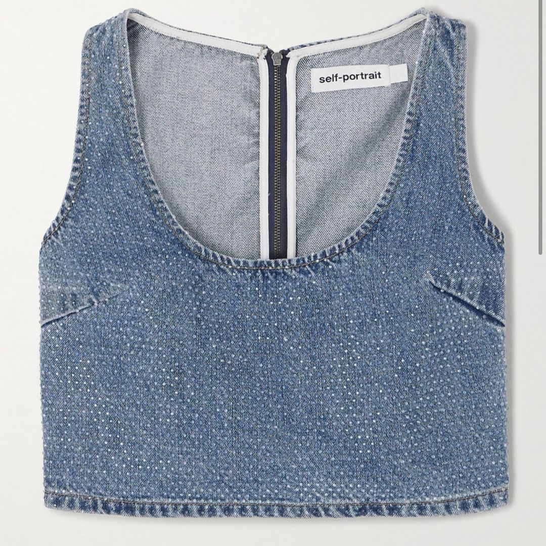 Cropped crystal-embellished denim top