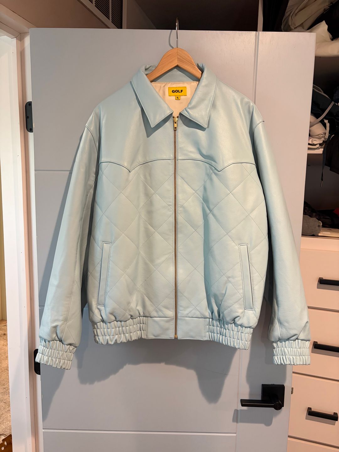 Baby blue leather jacket