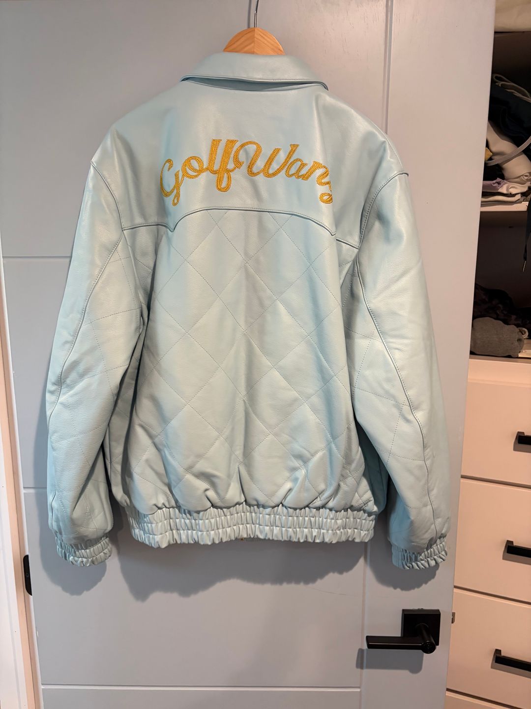 Baby blue leather jacket