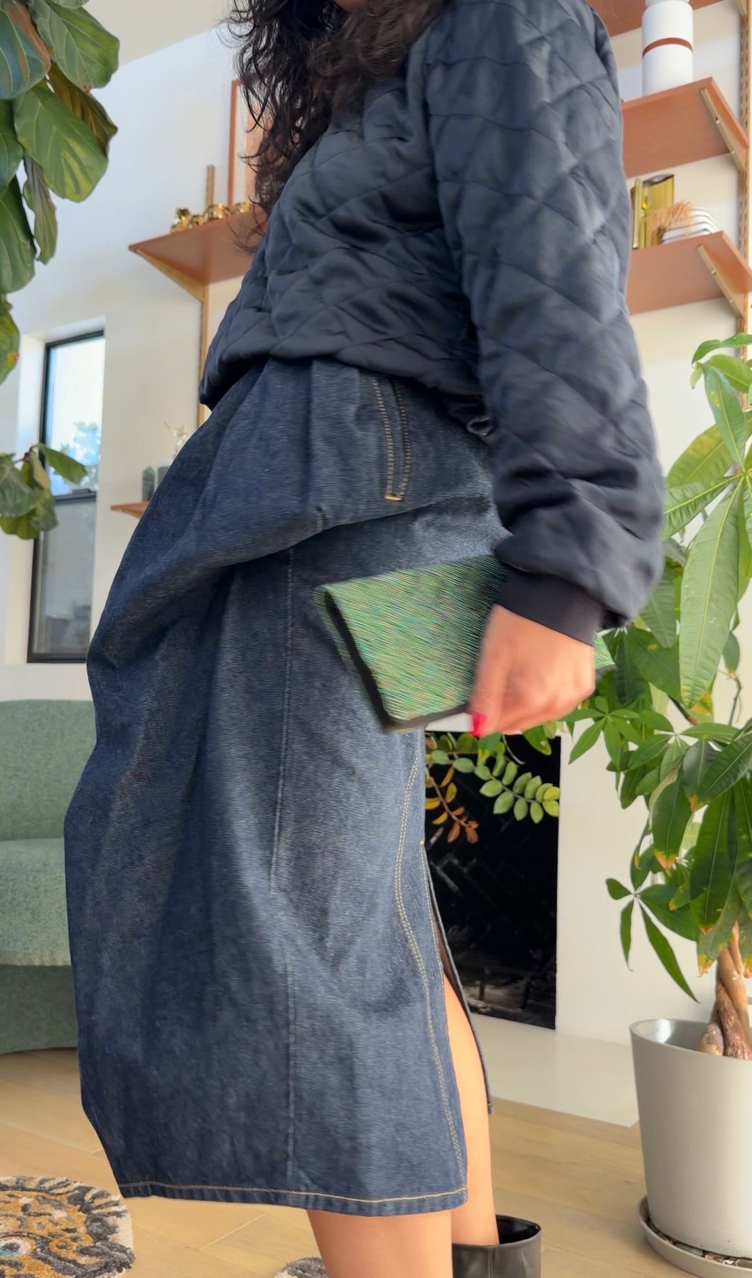 Dark blue denim draped pencil skirt