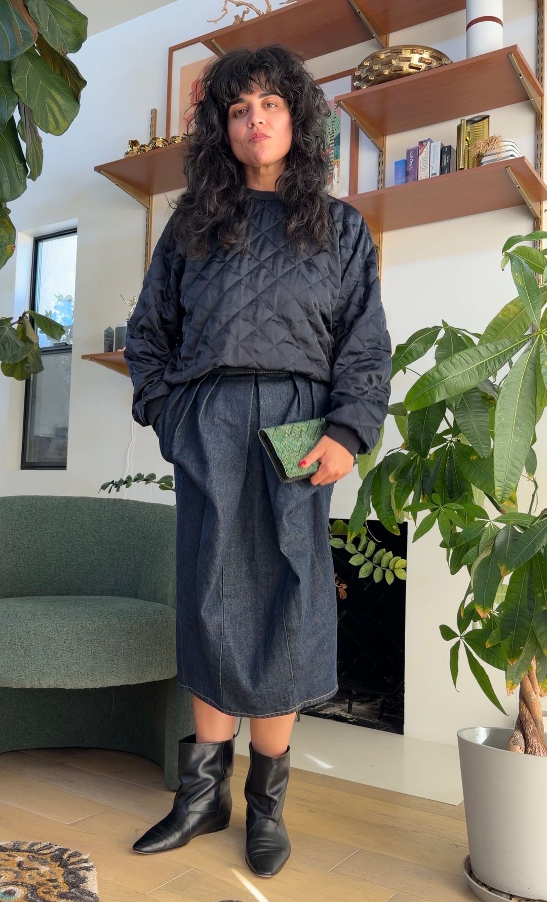 Dark blue denim draped pencil skirt