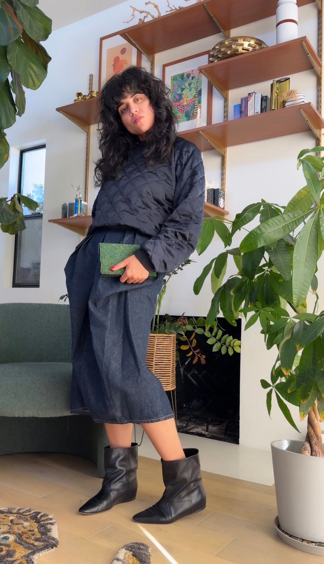 Dark blue denim draped pencil skirt