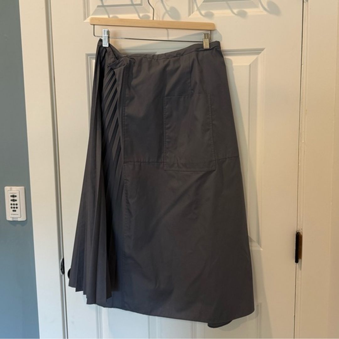 Tibi Gray Pleated Cotton Leather Wrap Skirt