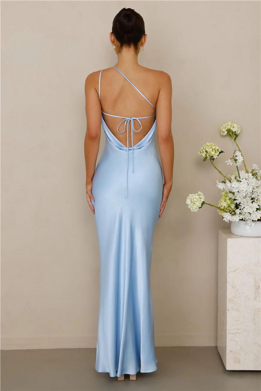 The Evangeline One Shoulder Satin Maxi Dress Blue