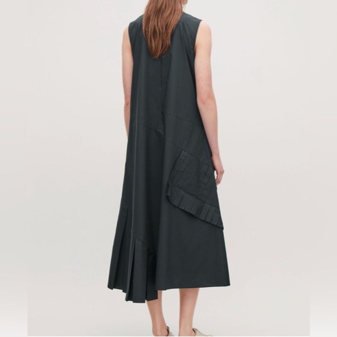 COS A-Line Maxi Dress with Pleated Ruffle Drape in Black or Slate Color