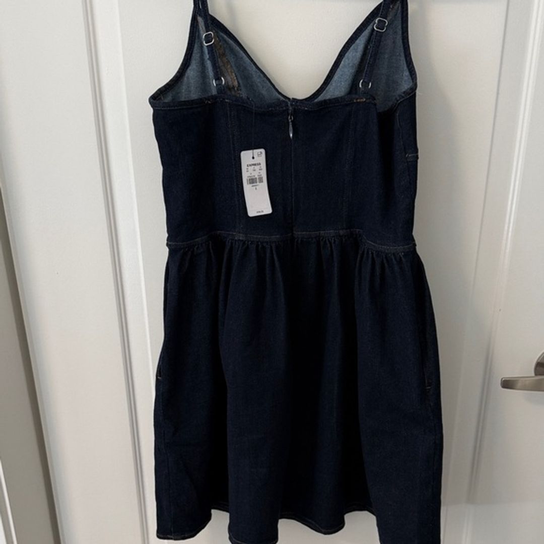 Express Dark Wash Denim Sweetheart Corset Fit And Flare Mini Dress