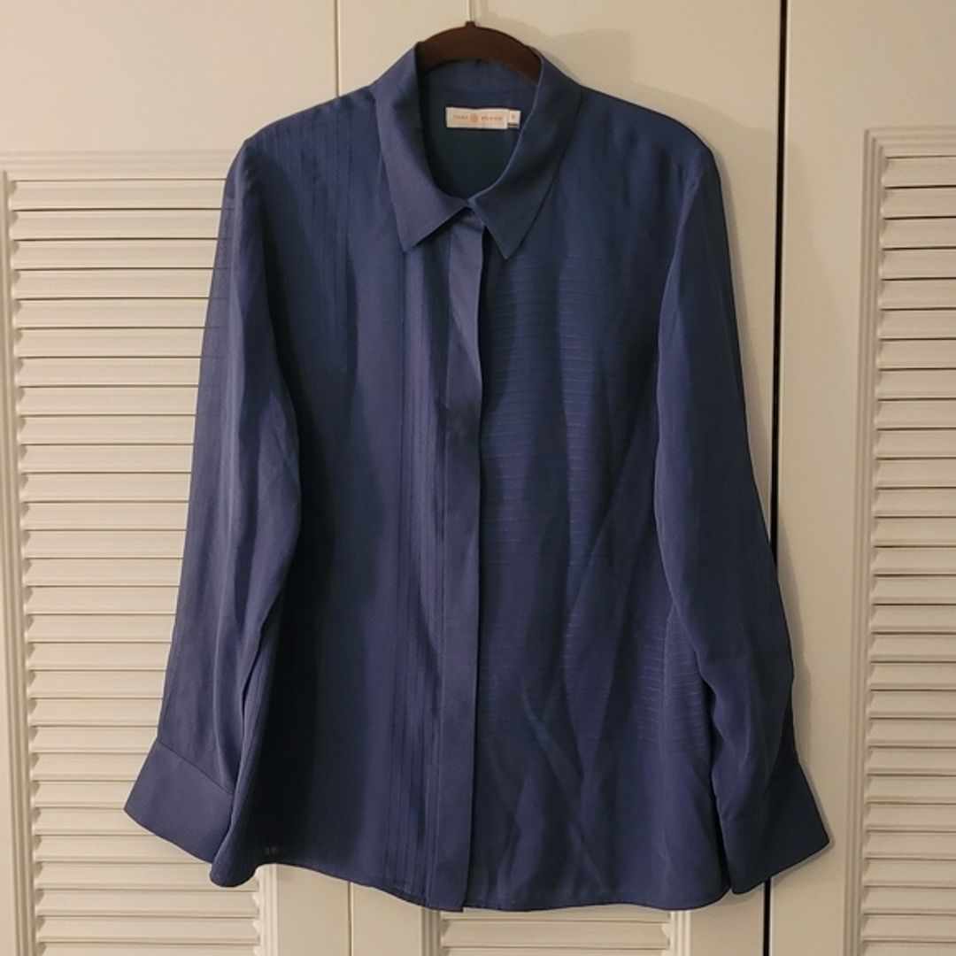 Tory Burch Navy Blue Silk Pintuck Buttondown Blouse