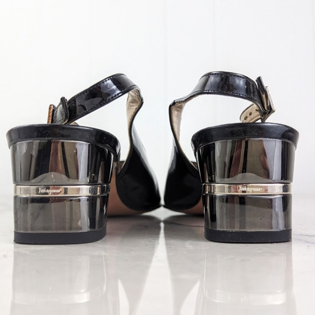 Ferragamo Patent Leather Sling Back Pumps Silver
