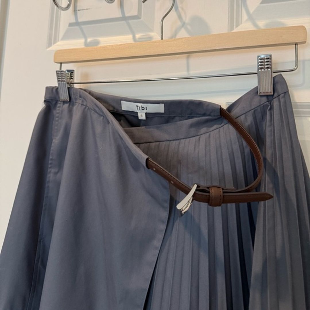 Tibi Gray Pleated Cotton Leather Wrap Skirt