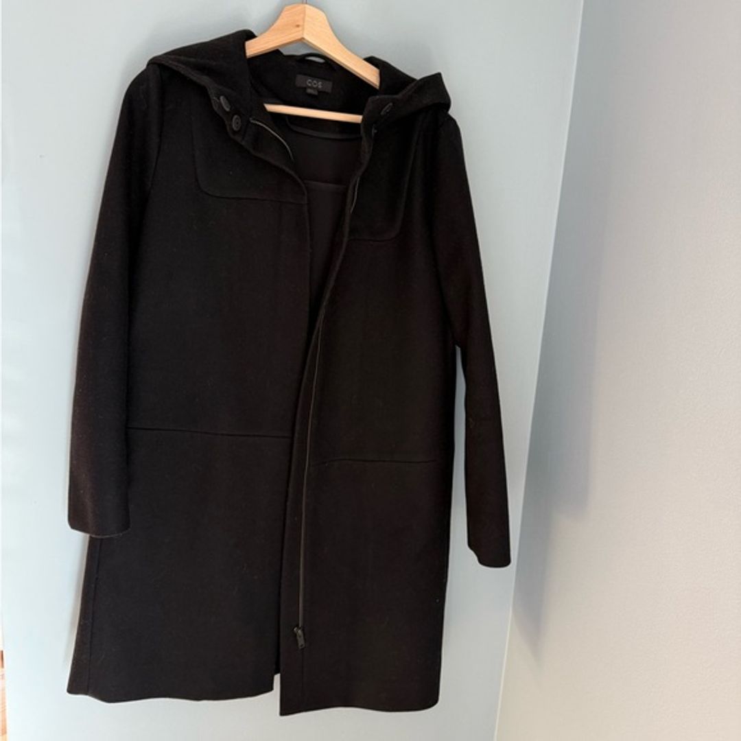 COS Black Hooded Wool Duffle Coat