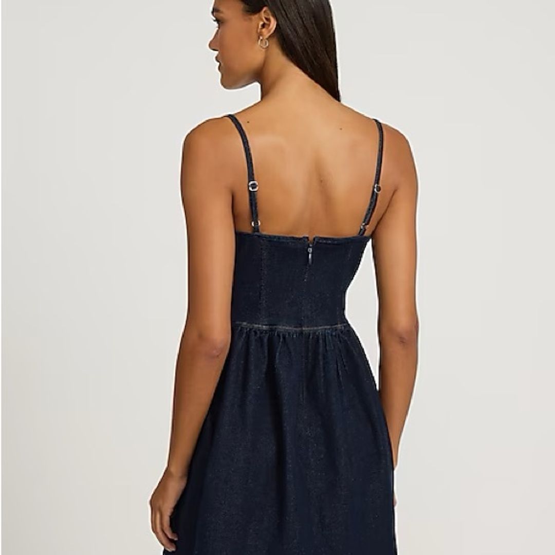 Express Dark Wash Denim Sweetheart Corset Fit And Flare Mini Dress