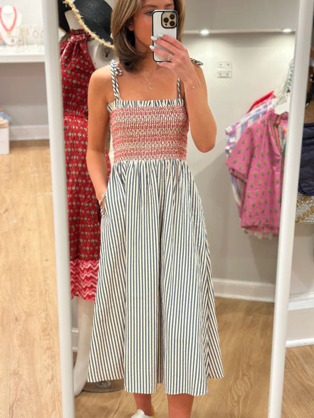 THML Tie Strap Striped Midi Dress