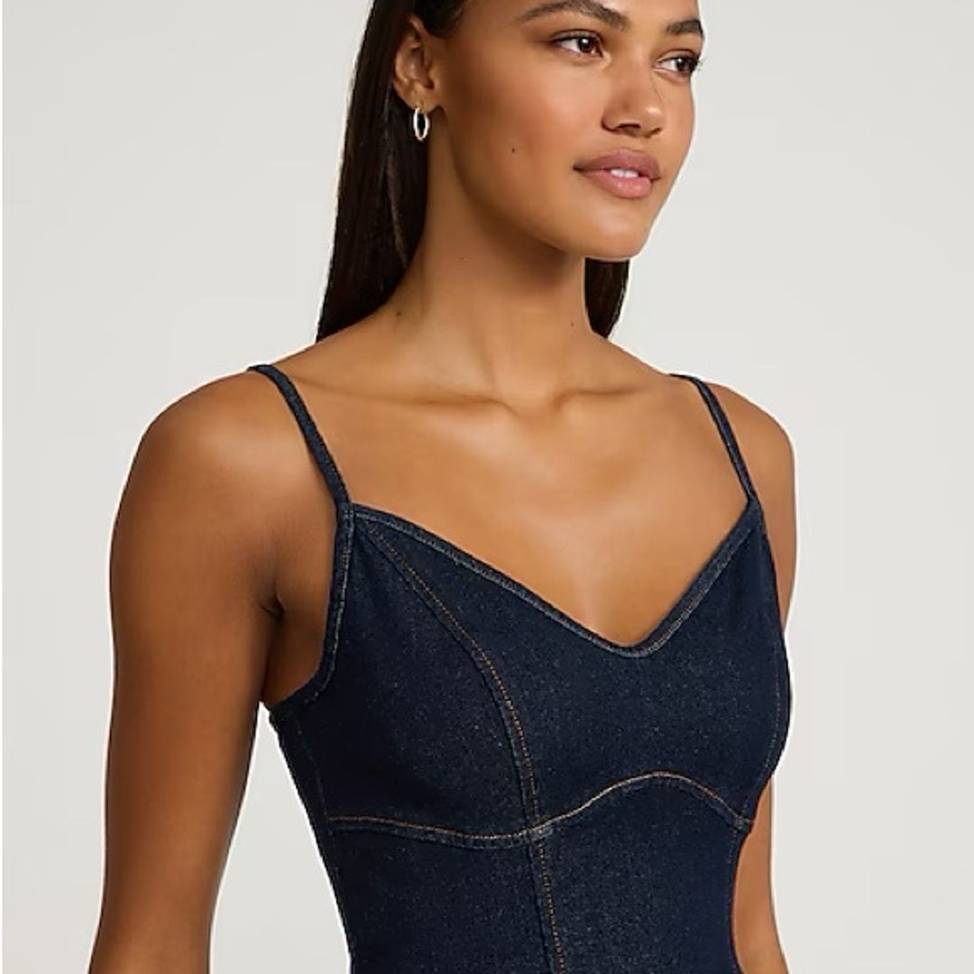 Express Dark Wash Denim Sweetheart Corset Fit And Flare Mini Dress