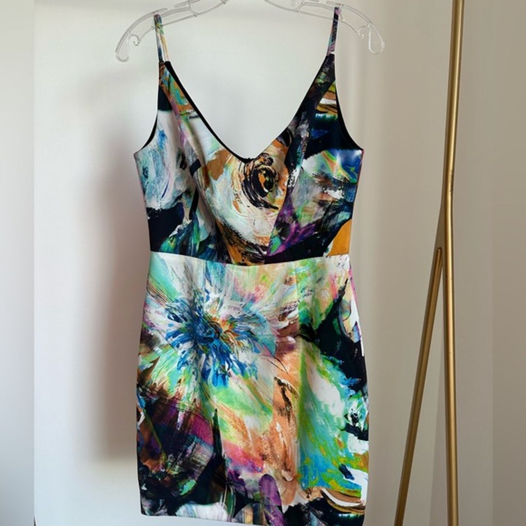 NWT Black Halo Multicolor Abstract Floral Print Mini Dress