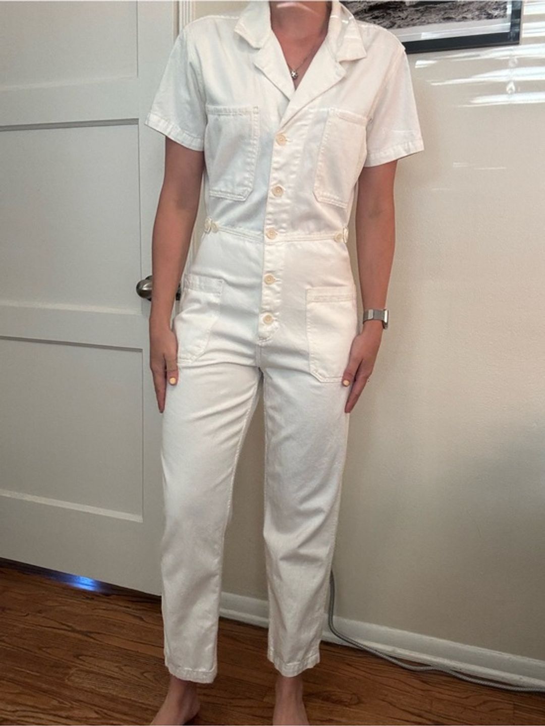 Reformation Morgan Twill White Short-Sleeve Utility Jumpsuit