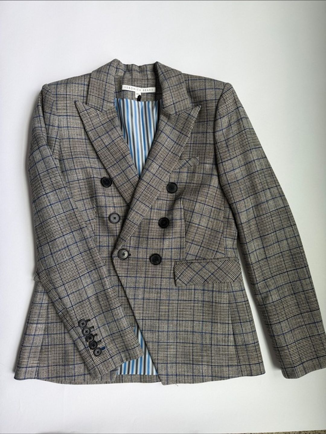 Veronica Beard Double-Breasted Plaid Blazer in Gray and Blue