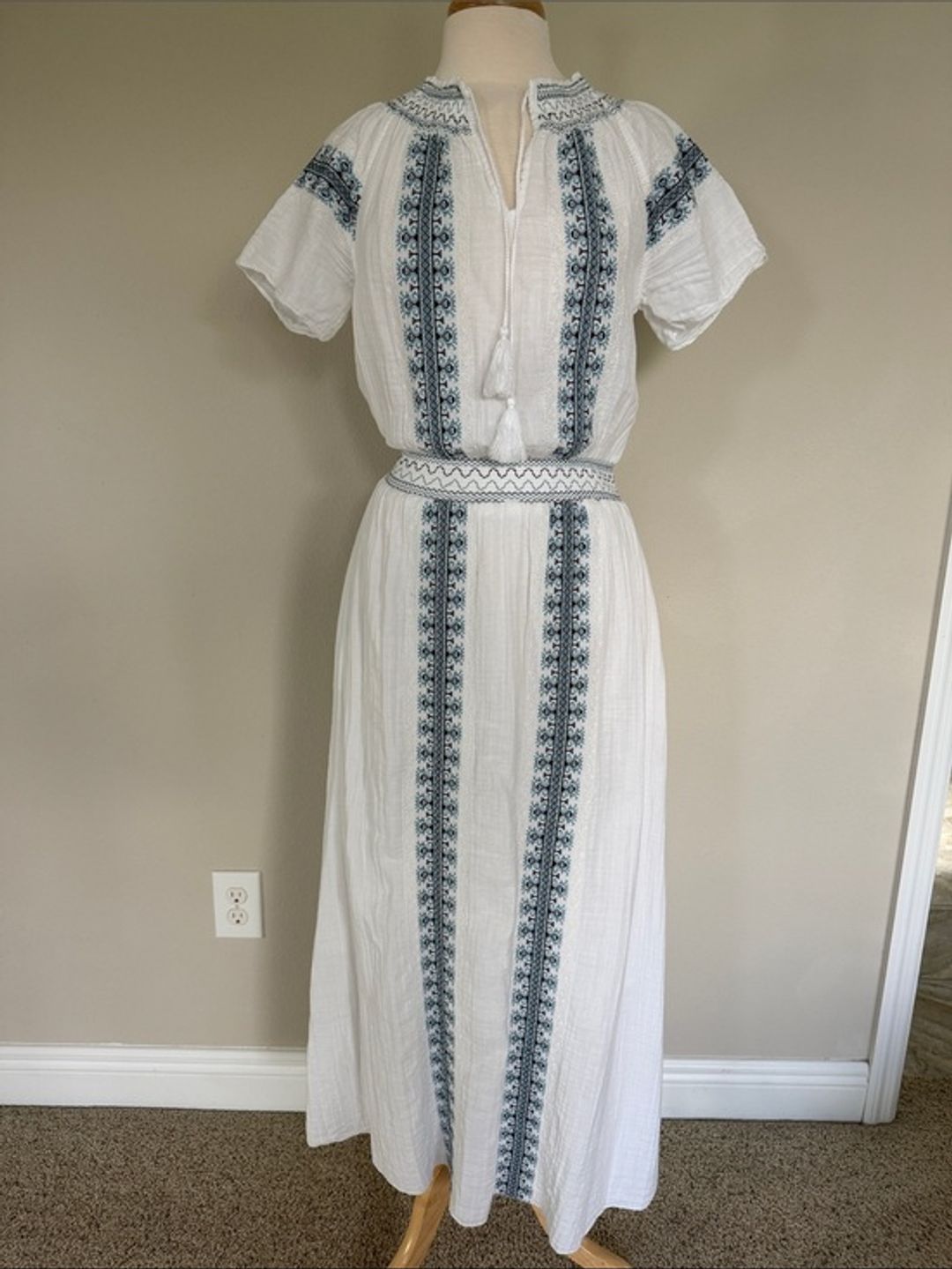 Faherty Catrina White Maxi Dress with Blue Embroidered Panels