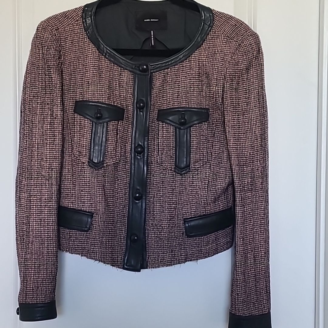 Isabel Marant Pink Tweed Black Leather Trim Jacket