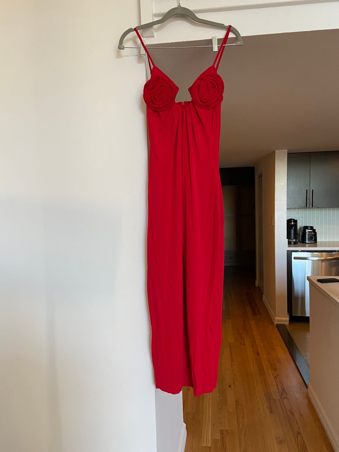 H&M X Magda Butrym Strappy Red Rose Appliquéd Calf Length Dress