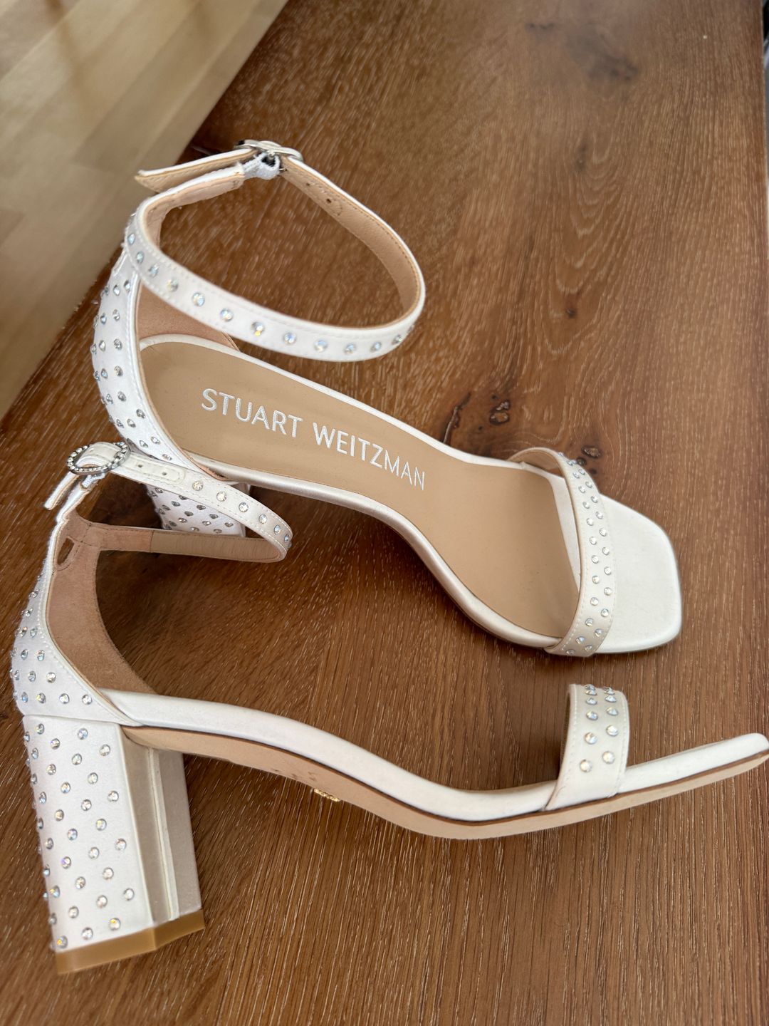 Stuart Weitzman NEW WITH TAGS Nearly Nude 75 Block Shine Sandal in White/moonlight (Nudistcurve)