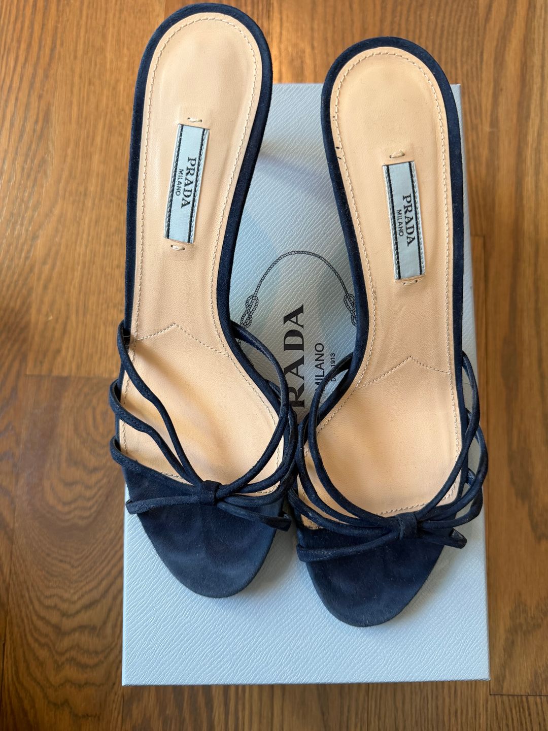 Prada Blue Suede Knotted Front Slide Sandals